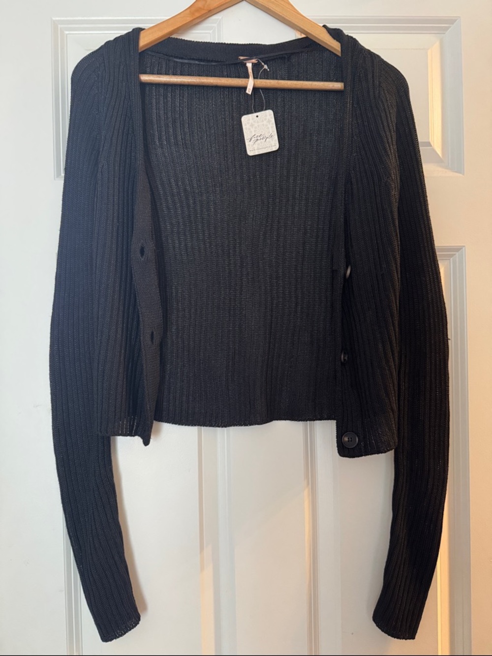 Free People Black Ribbed Button-Front Cardigan— NWT